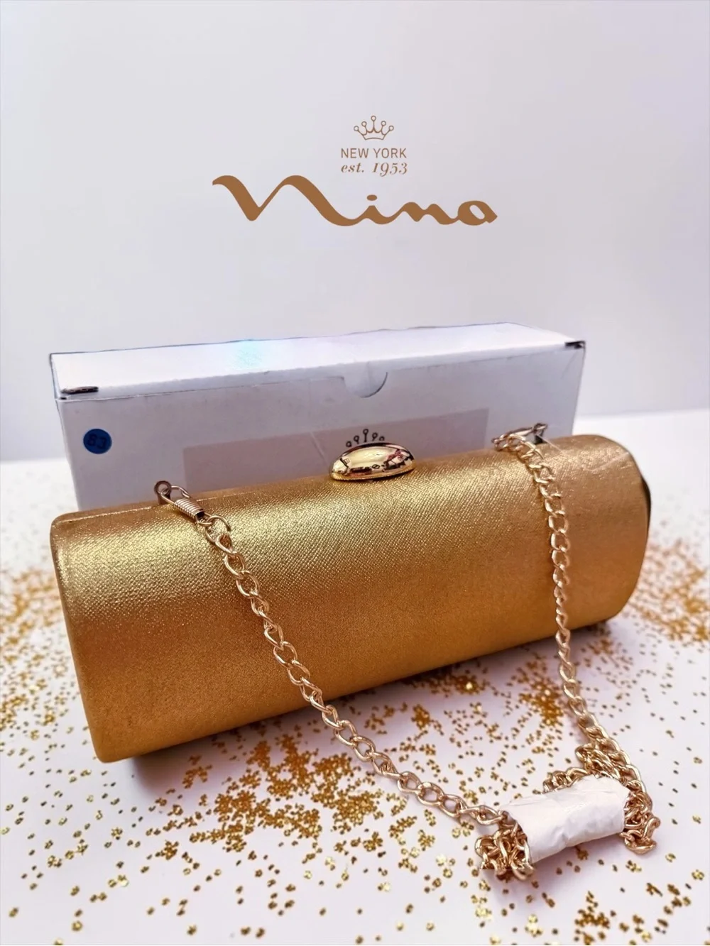 NWT Nina Xandra Barrel Minaudière Clutch – Pure Gold (New in Box)